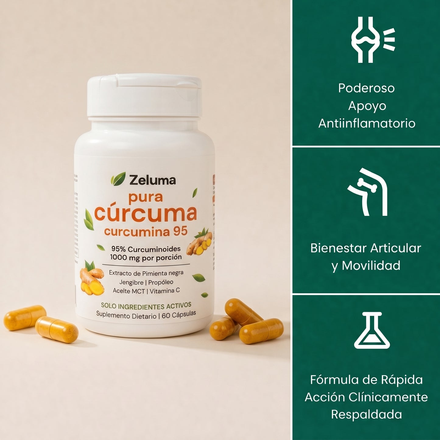 Cápsulas de cúrcuma y curcumina (1000 mg) - Zeluma